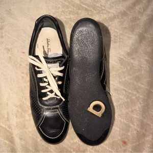 Salvatore Ferragamo Black Leather Sneakers with Cream Laces